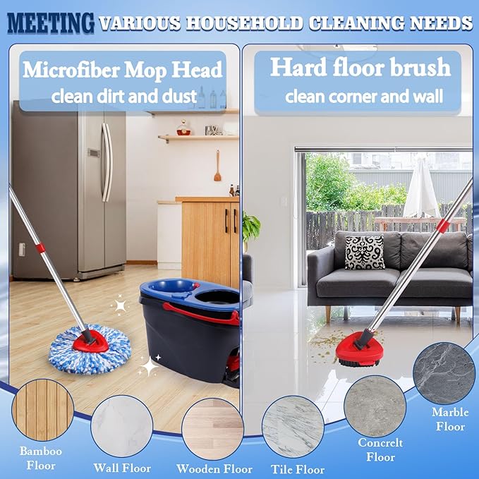 Spin Mop Refills Compatible with OCedar RinseClean 2-Tank System - 6-Piece Set Includes 4 Washable Microfiber Replacement Heads, 1 Base & 1 Small Gray Full Cleaning Brush - Floor Cleaning Accessories