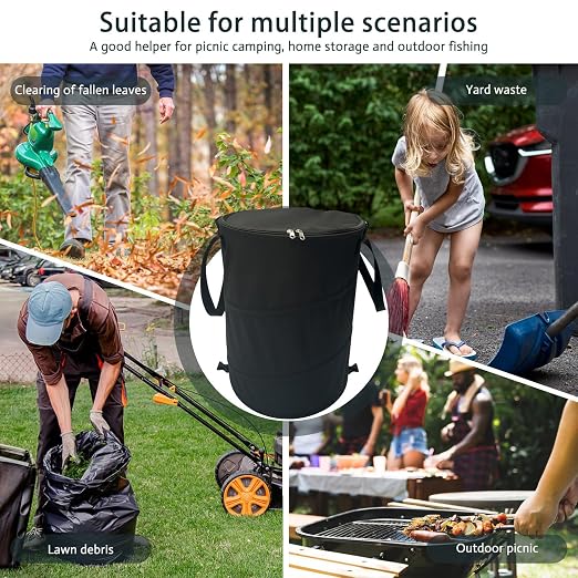 Pop up Camping Trash can with lid,Collapsible Garden can(2Pcs-Black) | 24 Gallon Outdoor Garbage Bag with Sorting Clips, Lawn and Leaf Bags - Reusable Yard Waste Bags, RV Camp Waste Bin