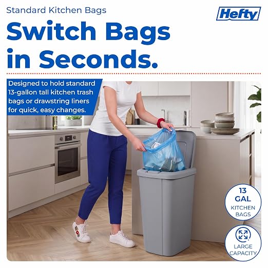 Hefty 13.3 Gallon Trash Can with Lid, Plastic Garbage Can Touch Button, Kitchen Waste Basket for Home Office, Large Capacity Trash Bin, 4 Pack, Grey