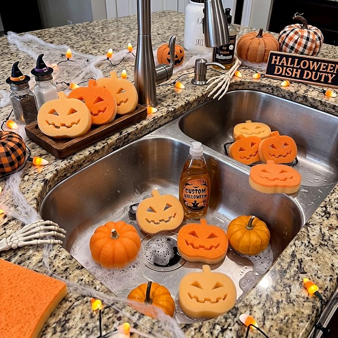 Tioncy 12 Pack Halloween Pumpkin Kitchen Sponges, Orange | Dual Sided Scrubber, Gothic Halloween Decor, Reusable Non Scratch Dishwashing, for Cookware Pot Boiler Pan Household