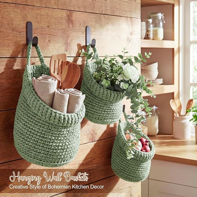 3 Hanging Baskets,Sage Green,Barrel,Cotton Rope | Wicker Wall Baskets with Hooks for Fruit Vegetable Onion Storage, Teardrop Organizer for Kitchen, Boho Farmhouse Decor