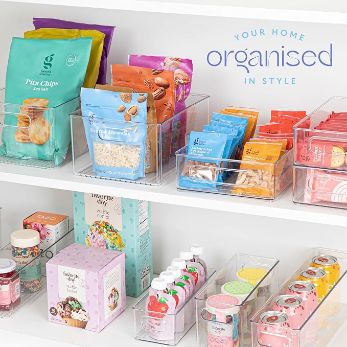 Plastic Food Storage 8 Pack Clear Container Bin with Handles for Organizing Kitchen, Pantry, Fridge, Freezer, Pantry,Bathroom. 10"x4"3"