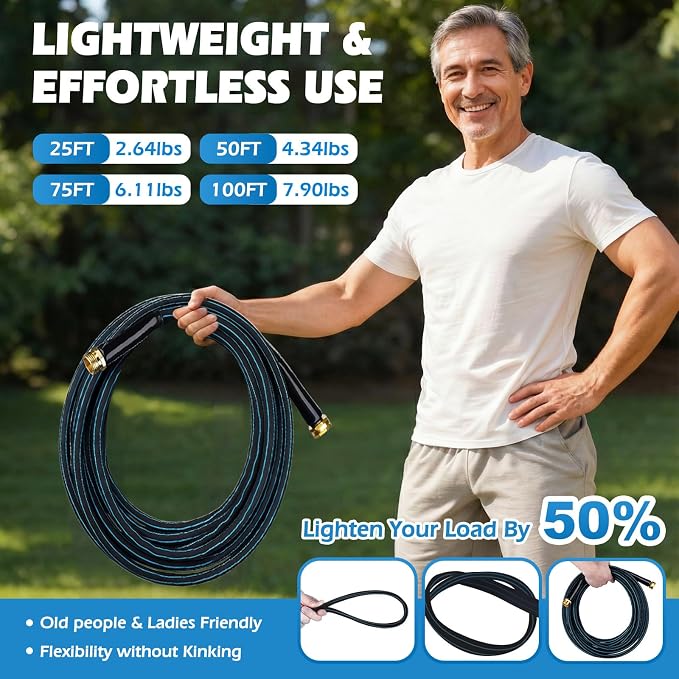 Non-Expanding Garden Hose 100FT 10-Pattern Nozzle, Lightweight Flexible Water Hose Kink-Resistant, Brass 3/4'' Fittings & Sealing Washers, for Yard Lawn Garden Car Wash Pet Bathing