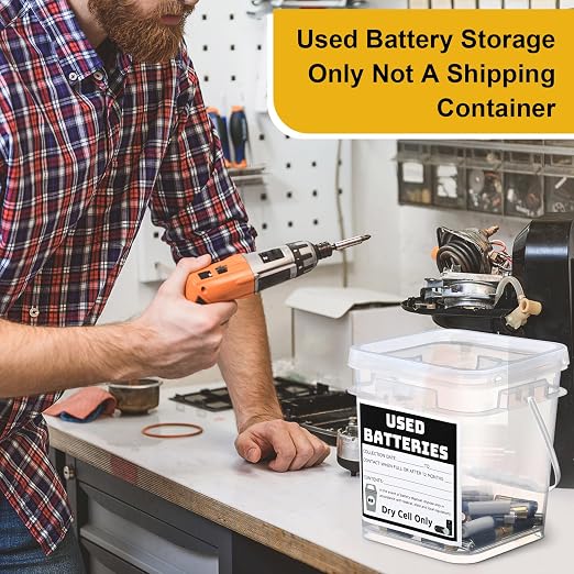 Baderke 2 Pack Battery Recycling Disposal Container with Label, Transparent | 1.32 Gallon Capacity, Battery Recycling Container with Label, Used-dry-cell Battery Storage Organizer, for Household, Office