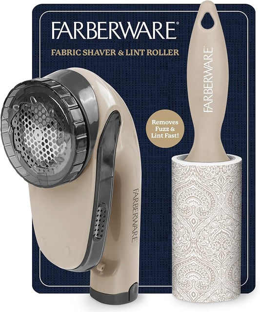Farberware Fabric Shaver & Lint Roller Set, Large, Portable | Sticky sheets lift pet hair and dust, triple-blade design restores fabrics to like-new condition, for clothing and bedding