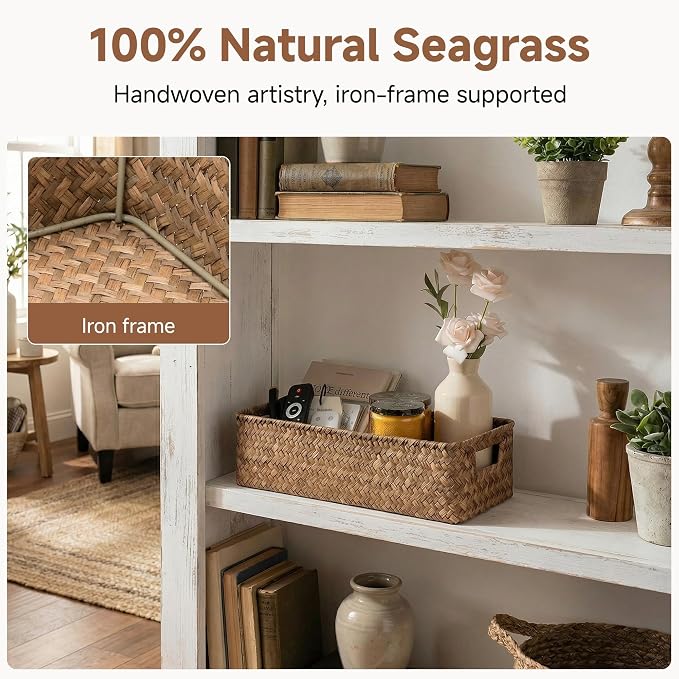 StorageWorks Wicker Seagrass Baskets, Toilet Basket Tank Topper, Brown | Toilet Paper Baskets for Back of Tank, Bathroom Basket Organizer and Storage, Small Tank Trays for Decor with Built-in Handle