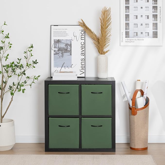 StorageWorks 13x13 Storage Cubes, Cube Organizer Bins, Green, 4-Pack | Reinforced Handle & Front Panel, Faux Leather Front, Non-woven Fabric, Collapsible, Space-Saving, For Closet, Bedroom, Office