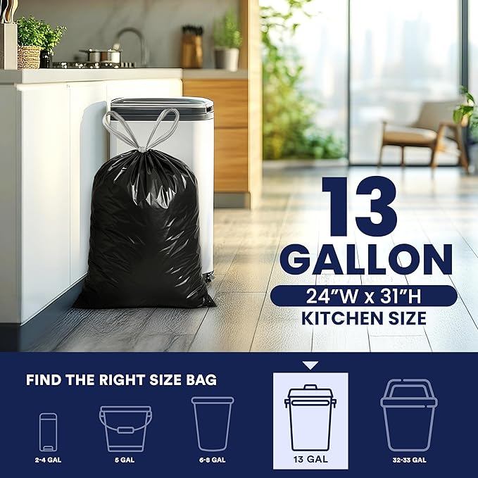Plasticplace 13 gallon Extra Tall Drawstring Kitchen Trash Bags | Black 1.2 Mil, 24"W x 31"H (200Count)