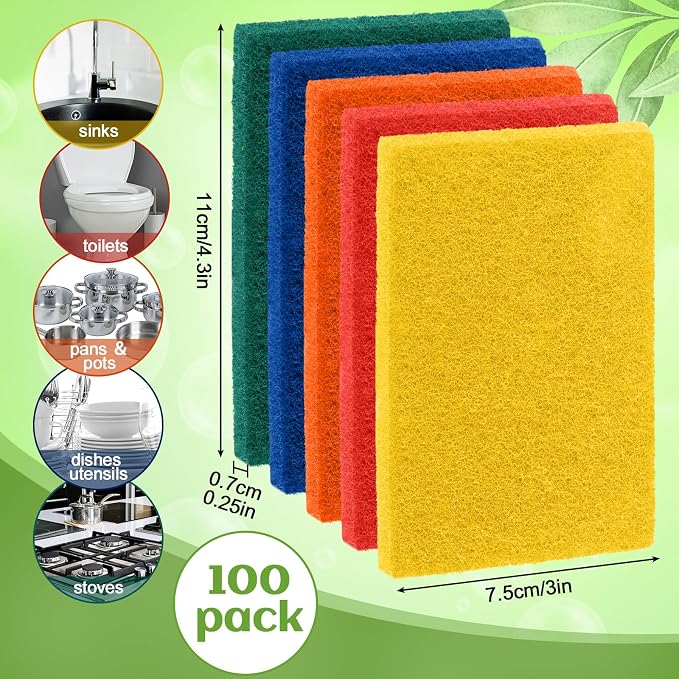 Hoolerry 100 Pcs Non Scratch Scouring Pads for Kitchen Dish,Multicolor | Reusable Anti Grease Scrubbers, for Pan Metal Grills Cookware, Household Cleaning Dishwashing, 4.3 x 3 x 0.3 Inch Size