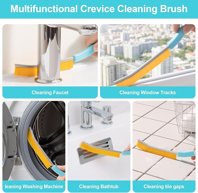 JOYMOOP 4 Pack Crevice Cleaning Brush, Turquoise Hard Bristle Grout Brush, House Cleaning Supplies, Magnetic Gap Cleaning Brush for Kitchen, Bathroom, Window, Toilet, Multifunctional Cleaning Tools