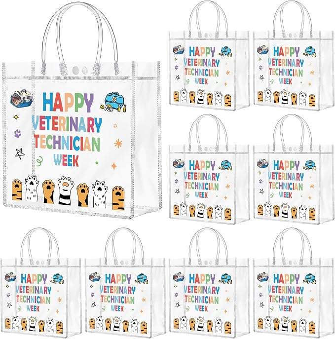 FunooFuno 20 Pcs Vet Tech Gift Bags with Handles Clear Waterproof PVC | Veterinary Technician Appreciation, Reusable Plastic for Staff Coworkers, Transparent Design for Dog Lover Practitioners