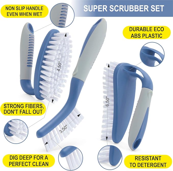 Scrub Brush Set of 3pcs - Cleaning Shower Scrubber with Ergonomic Handle and Durable Bristles - Grout Cleaner Brush - Scrub Brushes for Cleaning Bathroom/Shower/Tile/Kitchen/Floor/Bathtub/Carpet, Blue