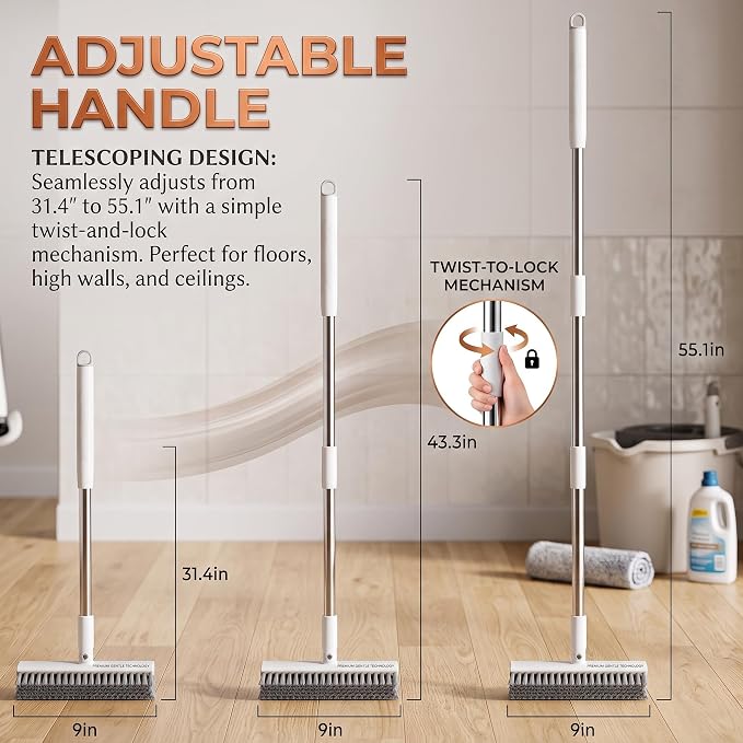 V-Shaped Floor Scrub Brush with Long Handle, Heavy-Duty Stiff Bristle Grout Cleaning Brush, 180° Rotating Tile Scrubber for Bathroom, Shower, Kitchen, Garage, Patio, Deck & Concrete Floors