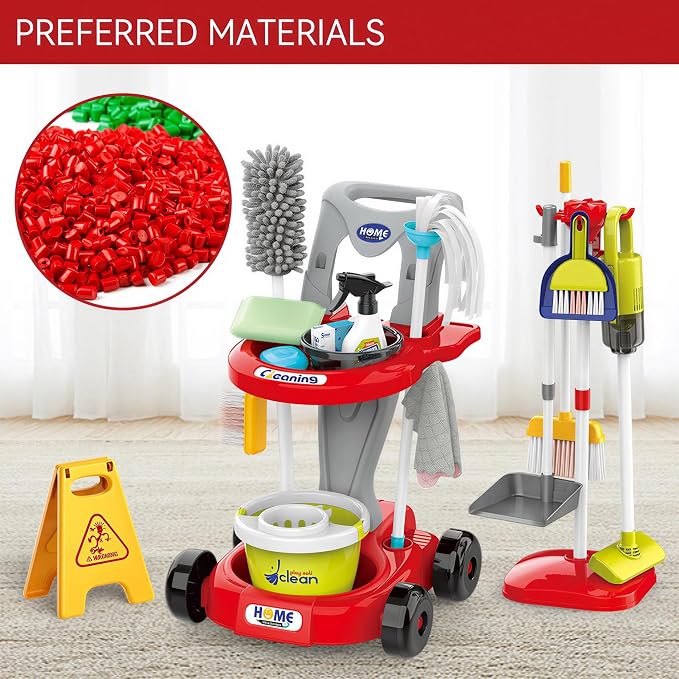 Toddler Cleaning Toy Set,New 29 - with Vacuum Cleaner,Broom & Mop,Ages 3-5 | Piece Detachable Kids Cleaning Set for Kids - for Pretend Play Educational Cleaning Carts Boy and Girls 3-5 Years Old（Red）