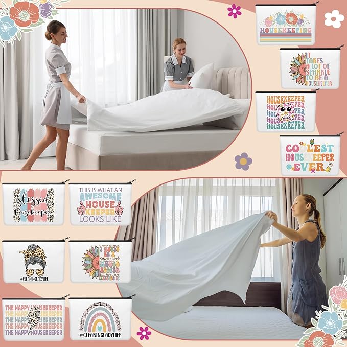 Kacctyen 10 Pcs Housekeeping Week Appreciation Gifts for Women Housekeeper Makeup Cosmetic Canvas HK Pouch Bags Portable Makeup Pouch Bag Travel Organizer for Party Favors