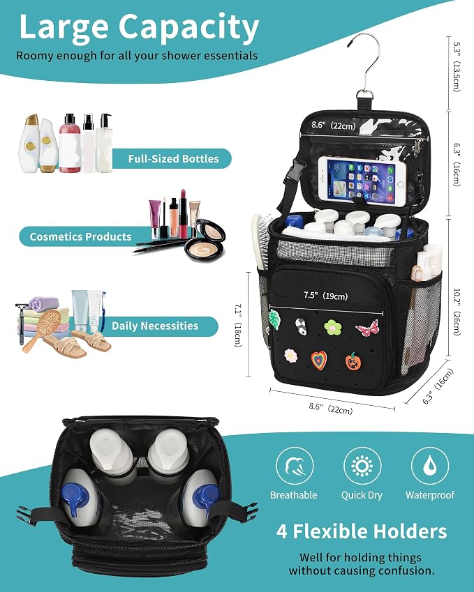 Shower Caddy Portable, Hanging Shower Caddy for College Dorm Room Essentials, Mesh Shower Bag with DIY Decoration Charms, Large Capacity Toiletry Bag for Gym, Swiming, Camping, Bathroom, Beach, Travel