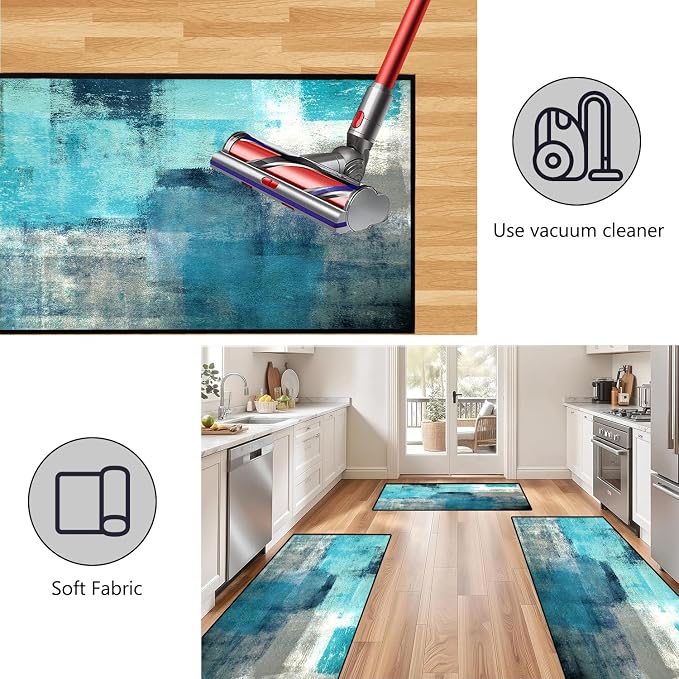 TOMWISH Teal Grey Abstract Art Kitchen Mat Turquoise Kitchen Rugs Sets 3PCS | 20"X32"+20"X48"+20"X59"Kitchen Mats for Floor Washable Non-Slip Kitchen Floor Mats Decor Dining Room Office