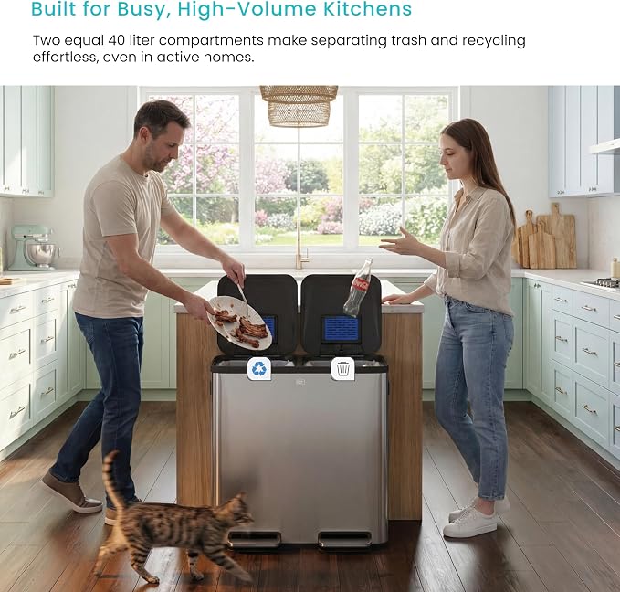 Home Zone Living 21 Gallon Large Kitchen Trash Can with Dual Compartments