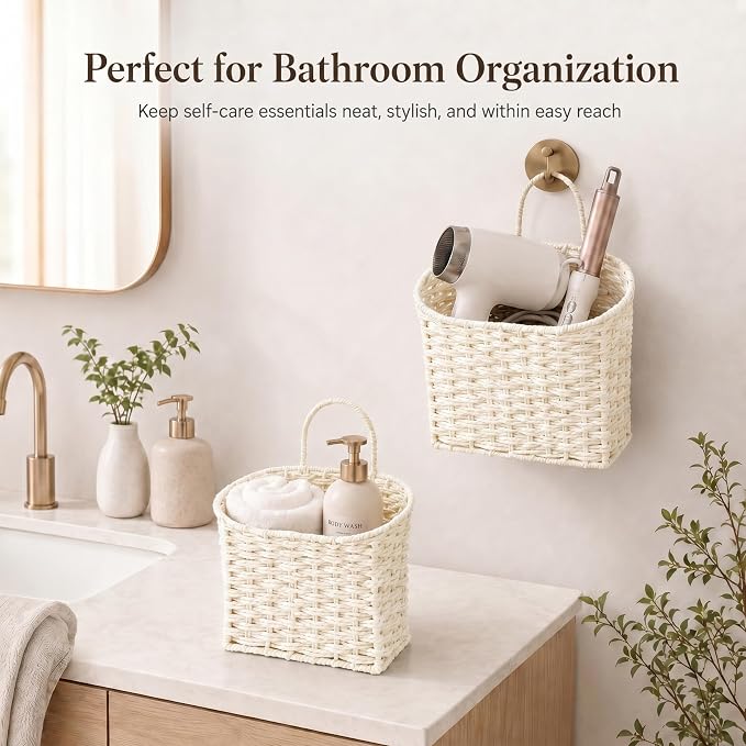 Coeusy Set of 2 Wicker Hanging Basket,Paper Roper Wall Basket,Beige White | Rattan Baskets for Front Door, Mail, Flowers,Entryway,Nursery Wall Decor Storage