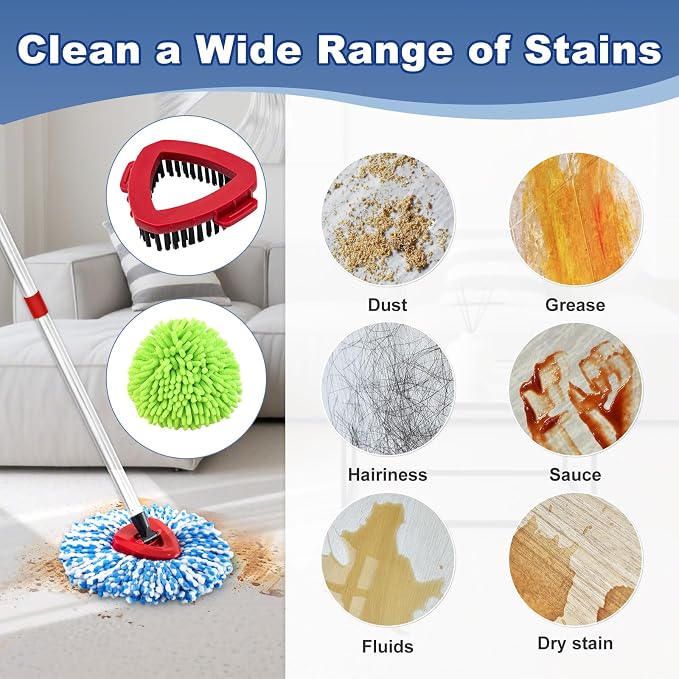 Mop Heads for O Cedar RinseClean 2 Tank Spin Mop System, 3 Microfiber Mop Head Refills and 3 Chenille Mop Pads,1 Scrub Brush, and 1 Mop Base with Mop Handle Set Combo