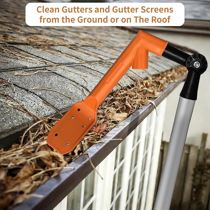 Longtor 12.9ft Aluminum Gutter Cleaning Tools with Brush & Scoop No Ladder | Aluminum pole, brush, scoop, swivel, sturdy lock. For gutters, pools, roofs, windows. Easy ground use