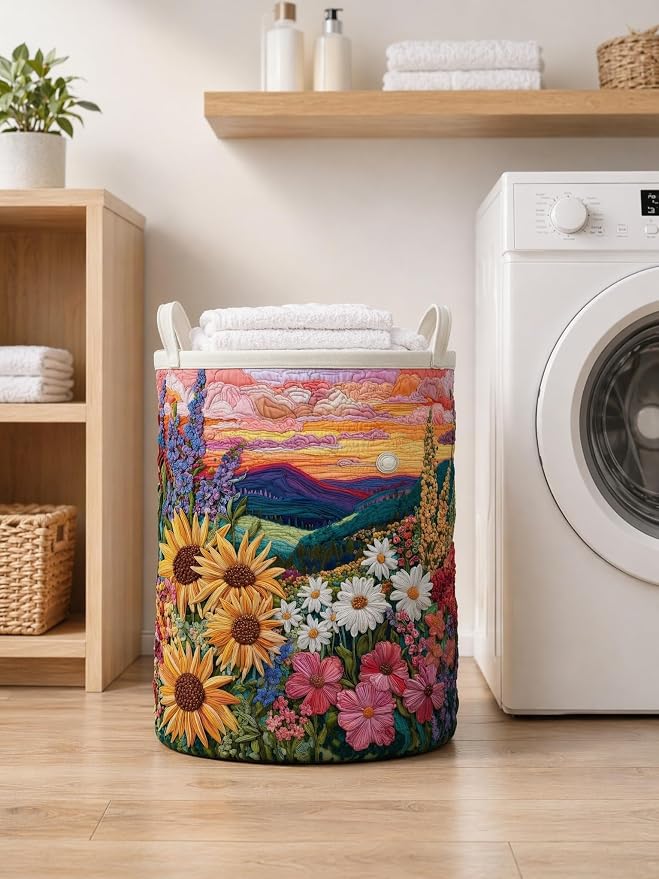 Quilted Laundry Basket with Handles, Boho Floral Quilted Storage Hamper, Large Capacity Laundry Hamper for Nursery Bedroom Laundry Room Home Decor (Pattern 02, Small (18"H x 14"W x 14"L))