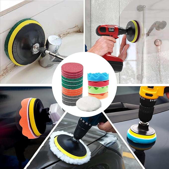 32 Pack Drill Brush Attachments Set Scrub Pads Sponge Buffing Pads Crevice Cleaning Brush for Home Bathroom Car Kitchen Corners Sink Stubborn Stains Tiles Car Polishing Kit