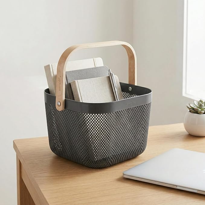 Simplify Small Mesh Storage Basket with Wooden Handle | CHARCOAL Color | Plastic Organizer Bin | Pantry Organization | Cabinet Storage