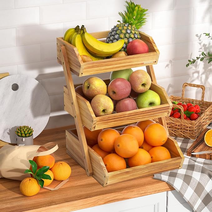 G.a HOMEFAVOR Wooden 3 Tier Fruit Basket, Brown, Pine Wood, Sturdy, Self-assembly | Large Pine Wood Fruit Bowl for Kitchen Countertop, Vegetable Storage and Home Organizer