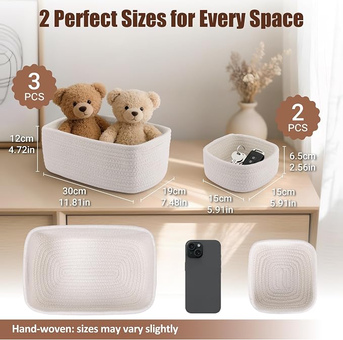 5-Pack Small Woven Rope Storage Baskets, 2 Sizes Organizer Bins | Fabric Cube Boxes and Rectangular Shallow Bins for Closet, Shelf, Bookshelf, Nursery, Changing Table, Bathroom, Toys & Home