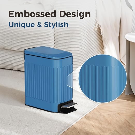 TrashAid Slim Bathroom Trash Can with Lid Soft Close & Pedal, 1.6Gal, Blue | Removable Inner Bucket, Stainless Steel Garbage Can, Small Wastebasket for Toilet/Office/Bedroom, Retro Design, Odor Control