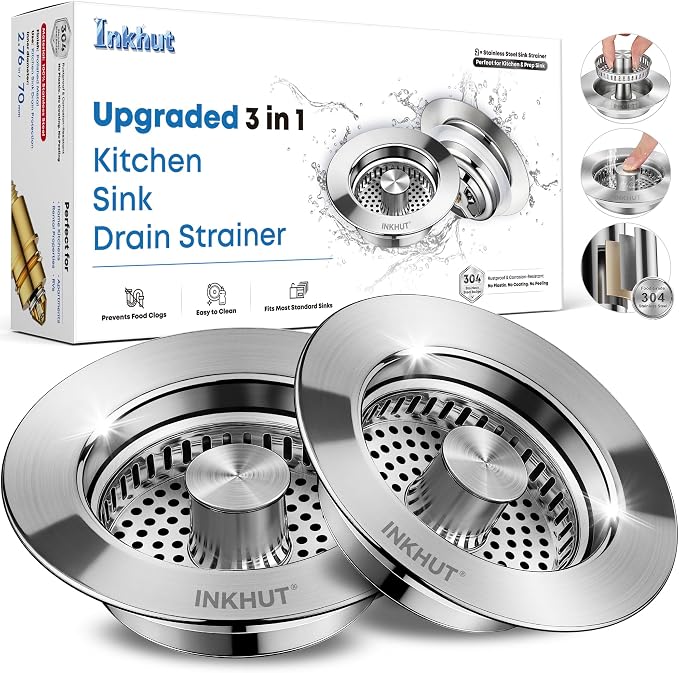Upgraded 3 in 1 Kitchen Sink Drain Strainer (Silver-2Pack) | Stainless Steel Sink Stopper, Anti-Clogging Food Catcher Basket, Bounce Core Drain Strainer Plug for 3 1/2 inch Drain