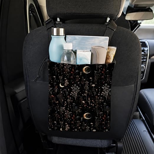 Dark Cottagecore Floral Car Trash Bag Hanging for Back Seat | Moody Crescent Moon Botanical Canvas Drawstring Car Garbage Bag with Adjustable Buckle Vehicle Trash Can