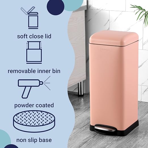 happimess Betty 8 Gal Step Trash Can Soft-Close Lid, Flamingo Pink | Removable Liner, Semi-Rectangular, Steel Pedal, Iron Powder Coated, 27" Height, Non-Skid Base