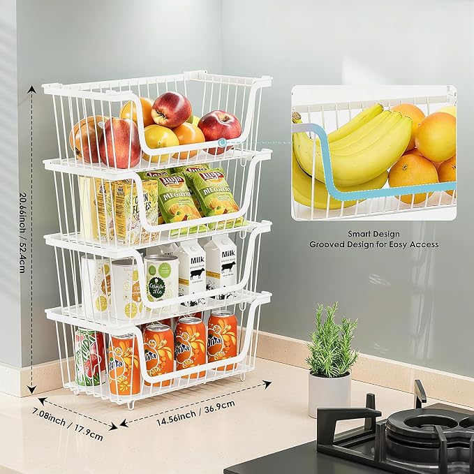 4 Pcs Stackable Wire Baskets for Pantry Organizers and Storage, | Vegetable Fruit Basket for Countertop,Kitchen Storage Metal Baskets,Produce Potato Onion Storage Bin,White