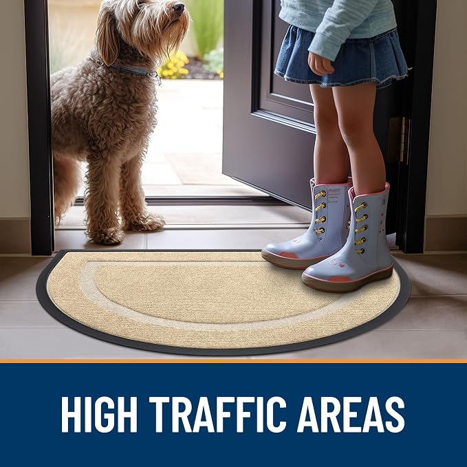 OLANLY Half Circle Front Door Mat Outside 29.5x17 All-Season Rubber Doormat | Beige, Absorbent, Heavy-Duty, Stain and Fade Resistant, Waterproof Non-Slip Backing, Low-Profile Indoor Outdoor Entryway Mat