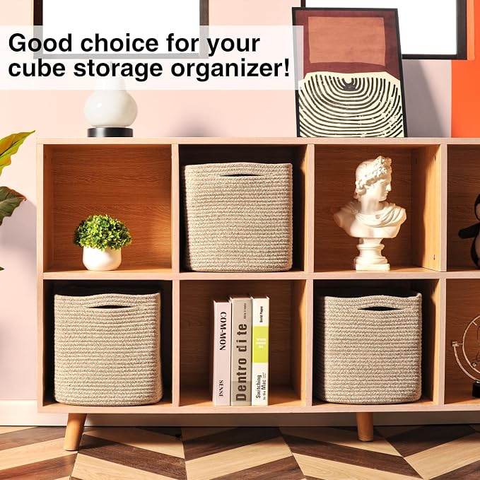 11 Inch Cube Storage Bins, Organizing Bins for Cube Organizer, Storage Baskets for Organizing, Woven Storage Basket for Shelves, Cotton Rope Toy Baskets Storage Kids, Brown (Pack of 3)
