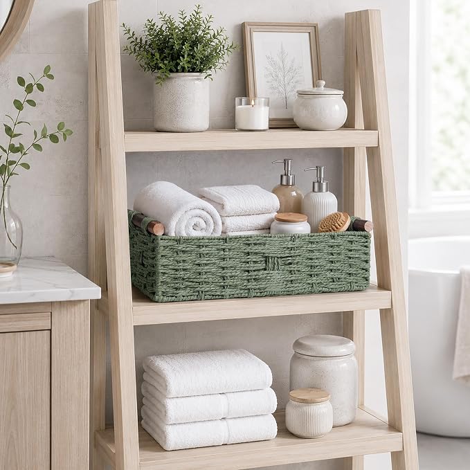 Round Paper Rope Storage Basket Wicker Baskets for Organizing with Handle Decorative Storage Bins for Countertop Toilet Paper Basket for Toilet Tank Top Small Baskets Set,Green | with Handle for Bedroom Home Decor and Shelves Apartment Countertop Use,G...