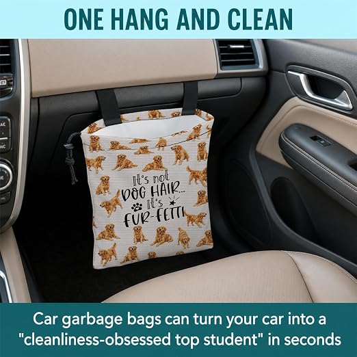 Golden Retriever Dog Car Trash Bag Hanging for Back Seat | Canvas Drawstring Car Garbage Bag with Adjustable Buckle Vehicle Trash Can,Golden Retriever Gifts for Women Men
