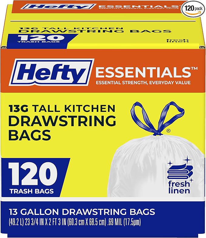 Hefty Essentials 13 Gallon Kitchen Trash Bags, 120 Count, Fresh Linen Scent | Tall Trash Bags for Kitchens, Home Offices, or Laundry Rooms, Drawstring Closure, Easy to Tie, Lift, and Carry, White