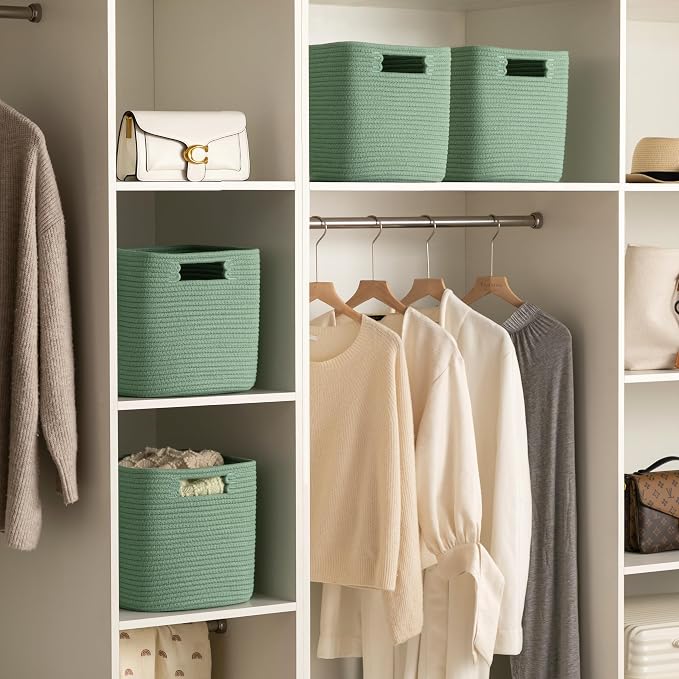 Dreamcountry 13x13 Cube Storage Bins, Storage Cubes with Handles, 4 Pack Cotton Rope Basket for Shelves, Cube Storage Organizer forToys, Book, Clothes, Home, Office, Nursery, Green