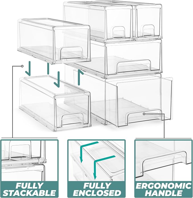 Sorbus Clear Stackable Storage Drawers with Handles (Small + Wide, 4 Pack) | Easy-access plastic organization for pantries, offices, bathrooms and closets; supports sorting and visibility.
