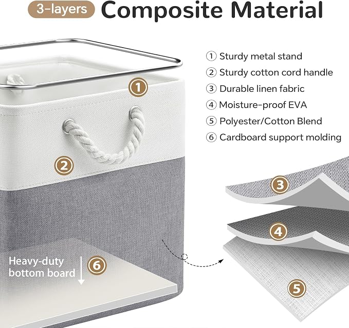 12x12 Inch Foldable Fabric Cube Storage Bins with Handles 4 Pack | Sturdy Metal Strand, Cardboard Support Molding, Storage Basket, Cube Storage Bin for Shelves, Closet, Bedroom, White/Gray