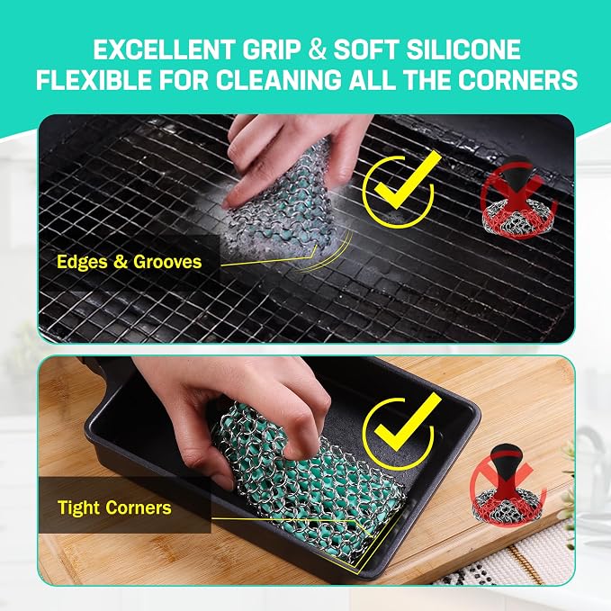 HAUSHOF Cast Iron Scrubber, Chainmail Scrubber Cast Iron Cleaner | Multi-Purpose Cleaning;Easy to Clean;Soft Silicone Liner;Protects Cast Iron Seasoning