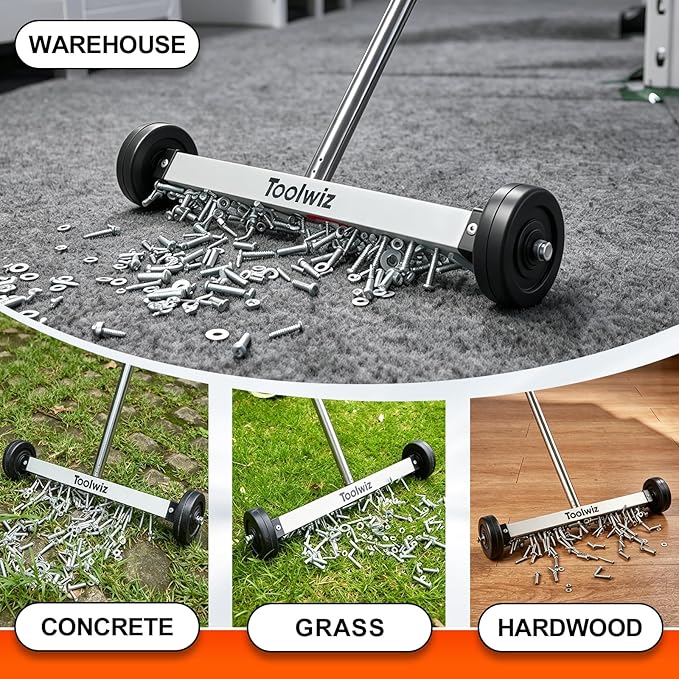 Toolwiz 15" Rolling Magnetic Sweeper 10 Lbs Rolling Magnetic Sweeper | 10lbs Capacity Sweeper, Magnetic Pick Up Tool, Lightweight with Wheels, For Nails, Screws & Metal Debris
