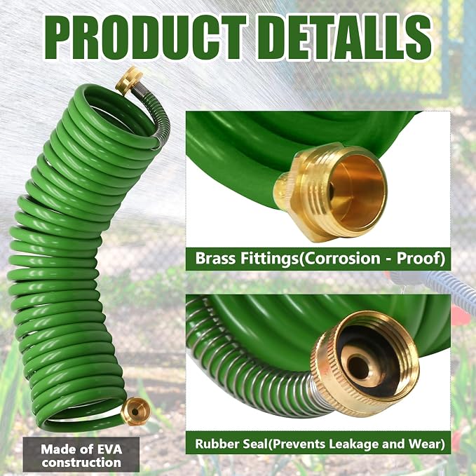 50ft Garden Hose, EVA Curly Water Retractable | Brass Connectors, 8-Pattern Function Sprayer, Corrosion Resistant Coil, For Gardening Homeowners