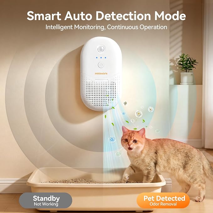 Meowant Cat Litter Odor Deodorizer,Sensor Monitor Negative Ion Air Purifier | 4 Auto Modes Pet Odor Eliminator, Rechargeable Wireless Quiet Odor Remover with Odor Deodorant Gel for Multi-Pet Home 1PCS