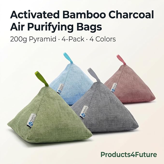 4 pack Naturally Activated Bamboo Charcoal Air Purifying Bags | Natural Home Deodorizer Bag | Charcoal Bag Odor Absorber For Pets | Odor Eliminator & Moisture Absorber Air Freshener Bag (200g Pyramid)