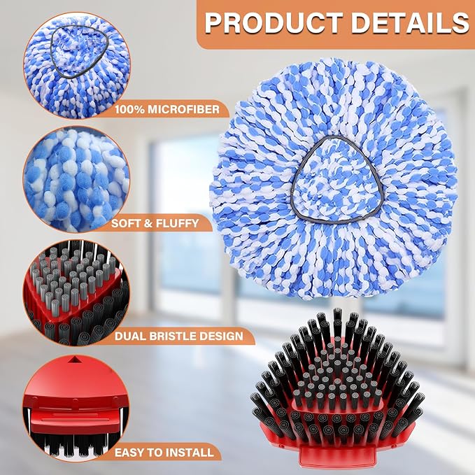 5 Pack Spin Mop Replacement for O Cedar RinseClean System-4 Heads +1 Brush | Upgrade Dual-Bristle Scrub Brush, Soft Inner & Stiff Outer,20° Angled for Corners,100% Microfiber Refill,Reusable & Washable