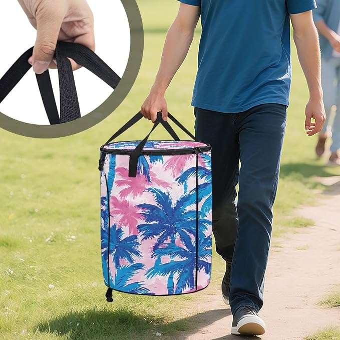 Blue Tropical Palm Trees Collapsible Camping Trash Can with Lid and Handles 24 Gallon Garbage Can Reusable Outdoor Trash Garden Leaf Bin Recycling Waster Bags